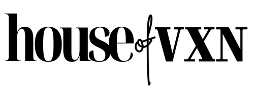 Logo of 'house of VXN' with a decorative "of" in between house and VXN on a white background