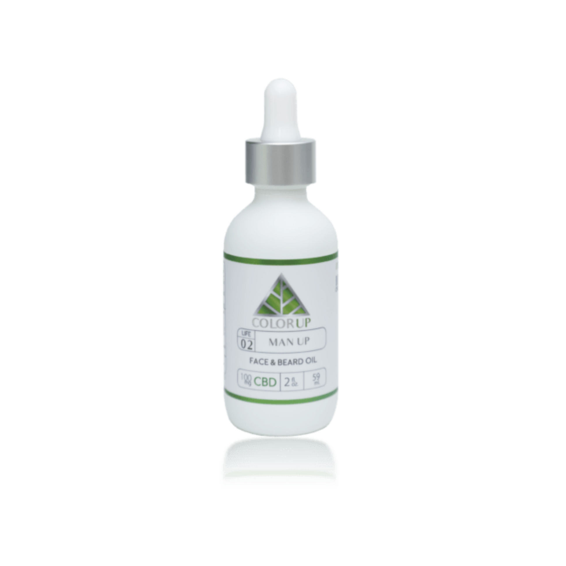 Bottle of Color Up Man Up face and beard oil in white bottle with a dropper and green triangle on white background.