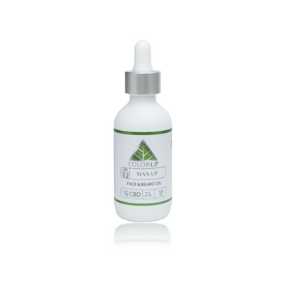 Bottle of Color Up Man Up face and beard oil in white bottle with a dropper and green triangle on white background.