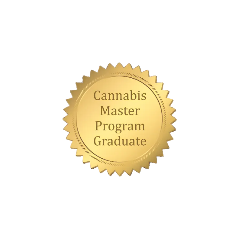 Gold 'Cannabis Master Program Graduate' badge on a green background