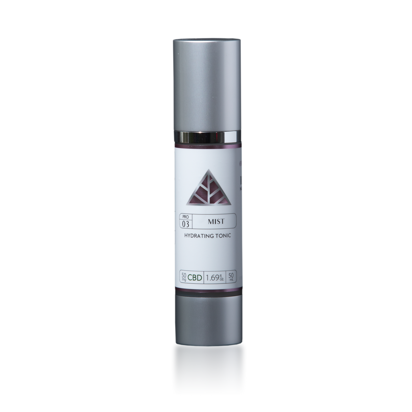 Skincare bottle with silver cap and white label with 'Color Up Mist Hydrating Tonic' and pink triangle logo on a white background