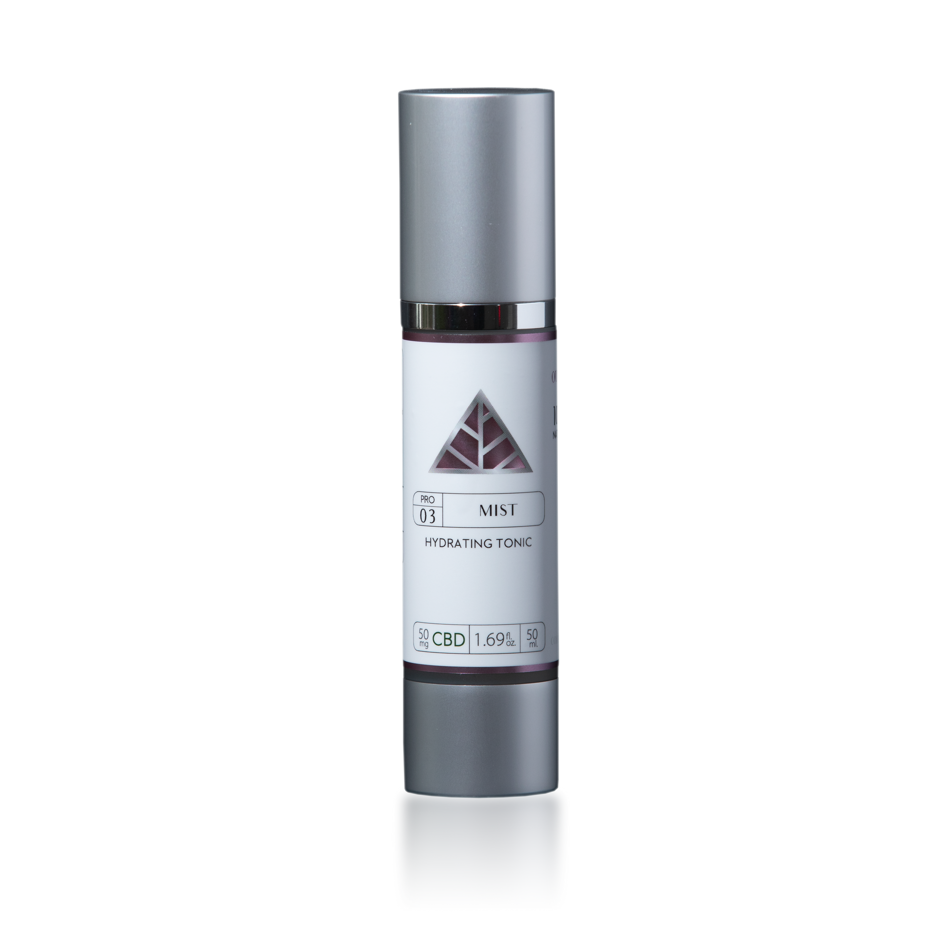 Skincare bottle with silver cap and white label with 'Color Up Mist Hydrating Tonic' and pink triangle logo on a white background