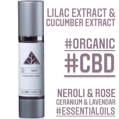 Color Up Mist Hydrating Tonic skincare product with text about moisture, extracts, and essential oils on a white background