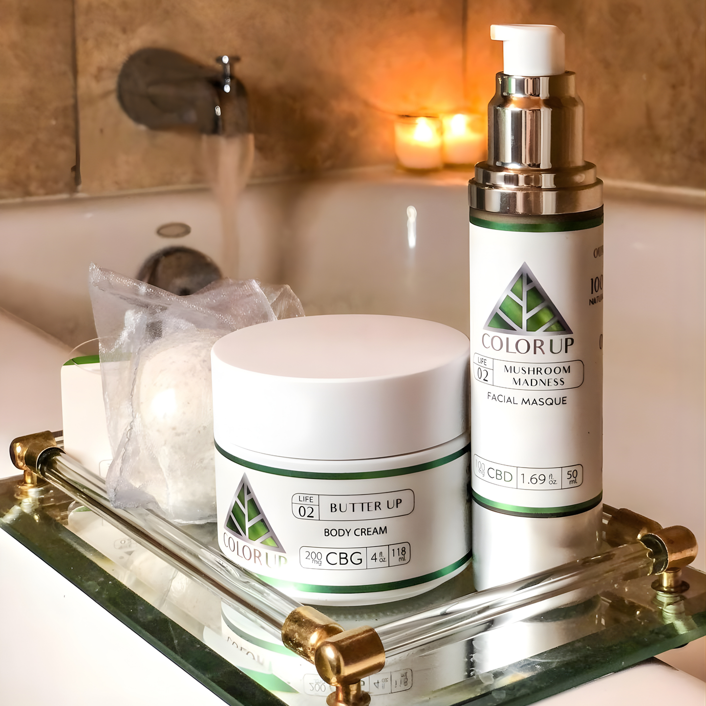 Two 'Color Up' LIFE Line skincare products on a tray with a bathroom setting in the background