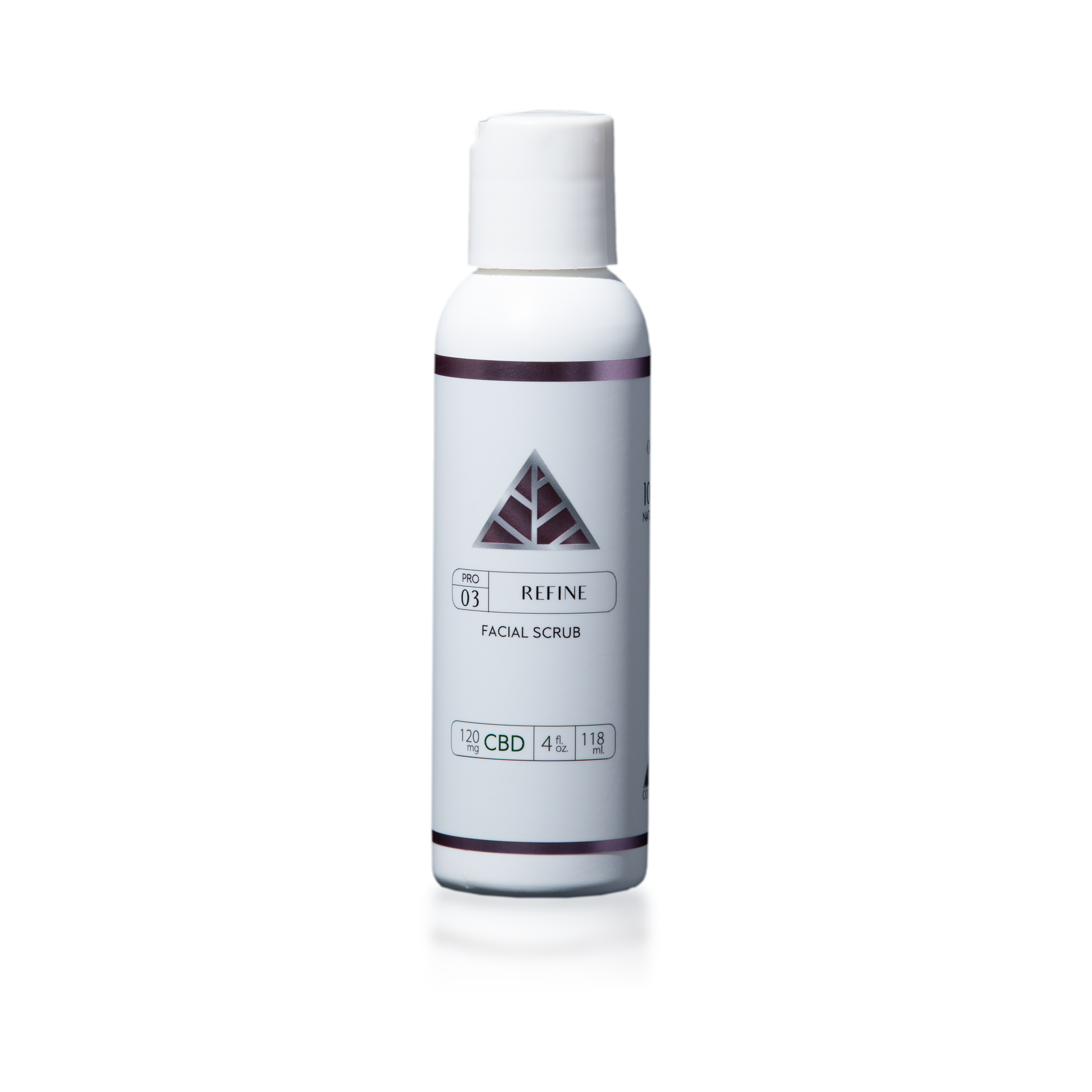 Color Up REFINE Facial Scrub with CBD, walnut shell powder, willow bark, and botanical brightening ingredients on transparent background.