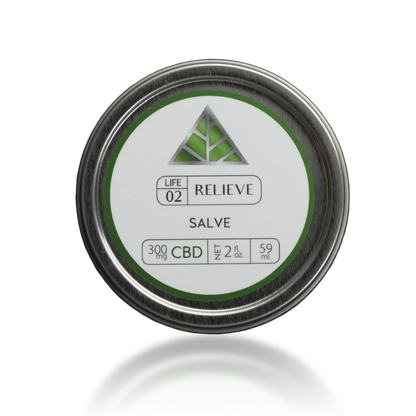 Color Up green triangle logo over Relieve Salve in tin container on transparent background 