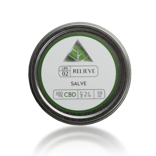 Color Up green triangle logo over Relieve Salve in tin container on transparent background 