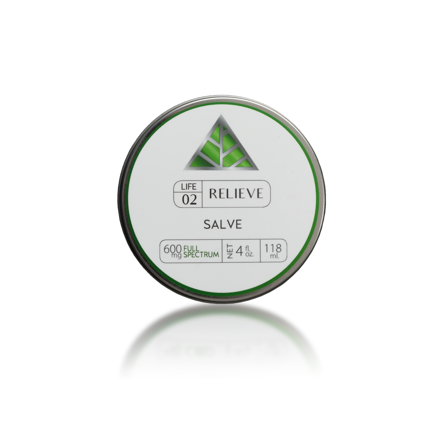 Color Up green Life line label on silver tin labeled Relieve salve on a white background