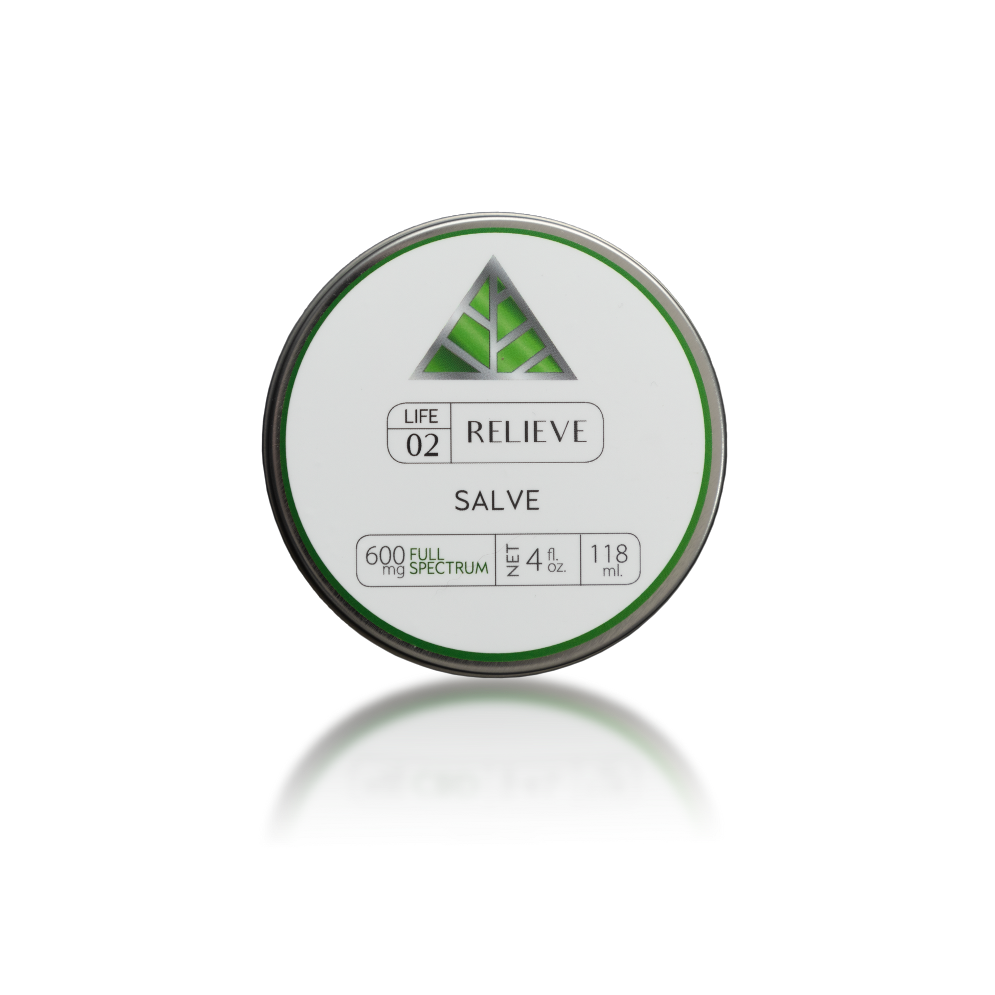Color Up green Life line label on silver tin labeled Relieve salve on a white background