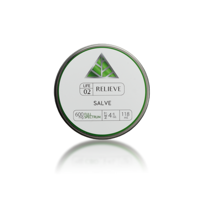 Color Up green Life line label on silver tin labeled Relieve salve on a white background