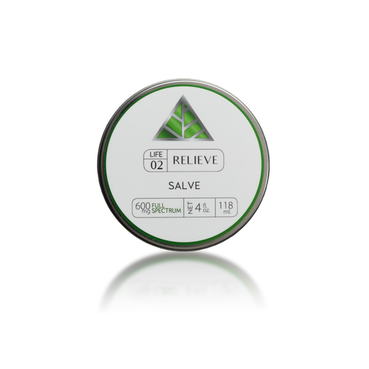 Color Up green Life line label on silver tin labeled Relieve salve on a white background