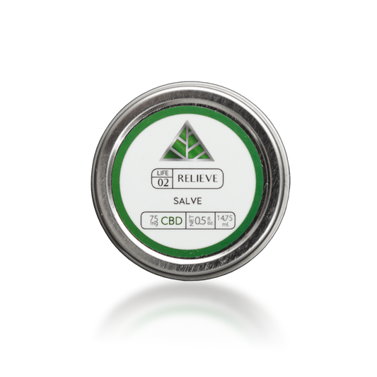 Color Up green triangle logo over 'Relieve Salve' on white label in tin container on transparent background 