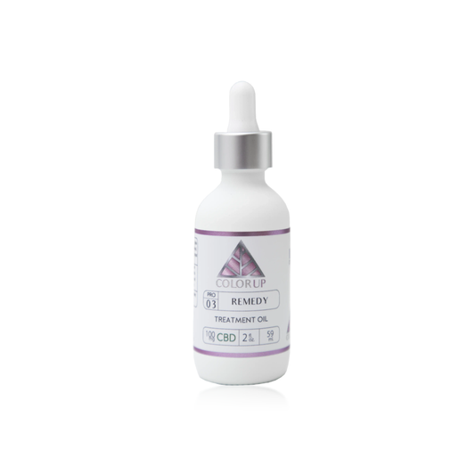 Bottle of ColorUp Remedy Treatment Oil with dropper on a white background