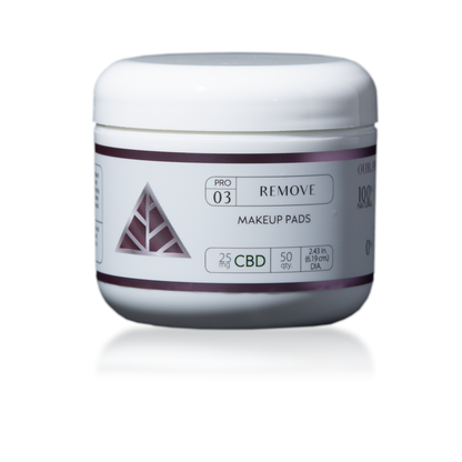 Jar of makeup pads with CBD label on a white background