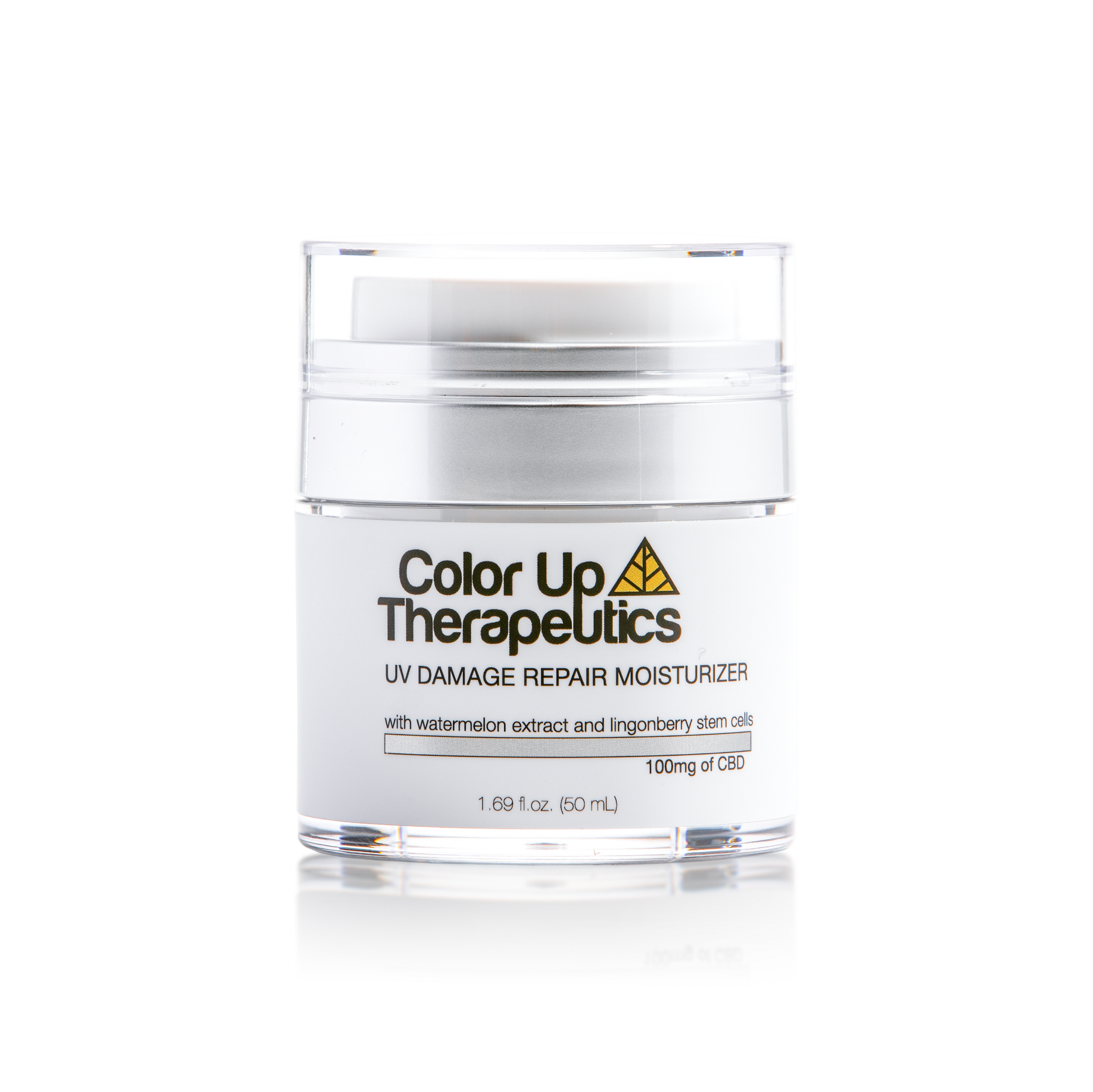 Jar of Color Up Therapeutics UV Damage Repair Moisturizer in push top cosmetic bottle and gold triangle logo