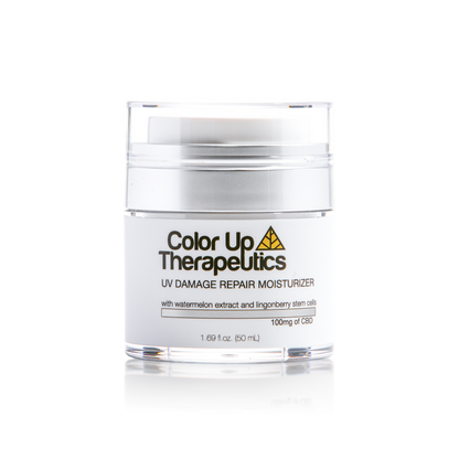 Jar of Color Up Therapeutics UV Damage Repair Moisturizer in push top cosmetic bottle and gold triangle logo