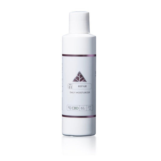 White bottle with a color up logo with words 'repair daily moisturizer' on a white background 