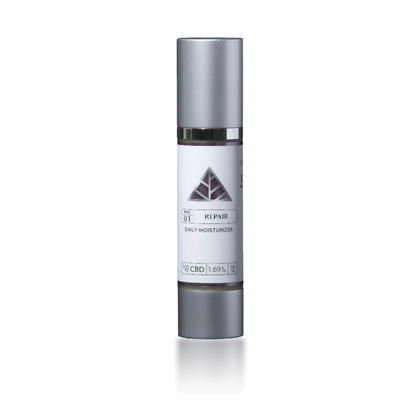 Skincare bottle labeled Color Up 'Repair' Daily Moisturizer with pink triangle on a white background
