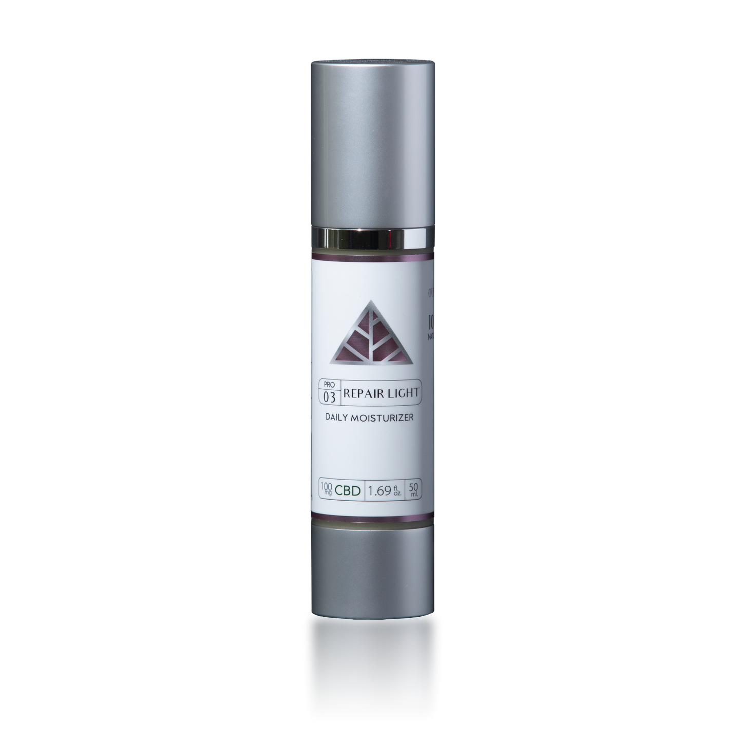 tall bottle with silver top and 'repair light 100mg color up' on a white label with chrome pink border and pink triangle
