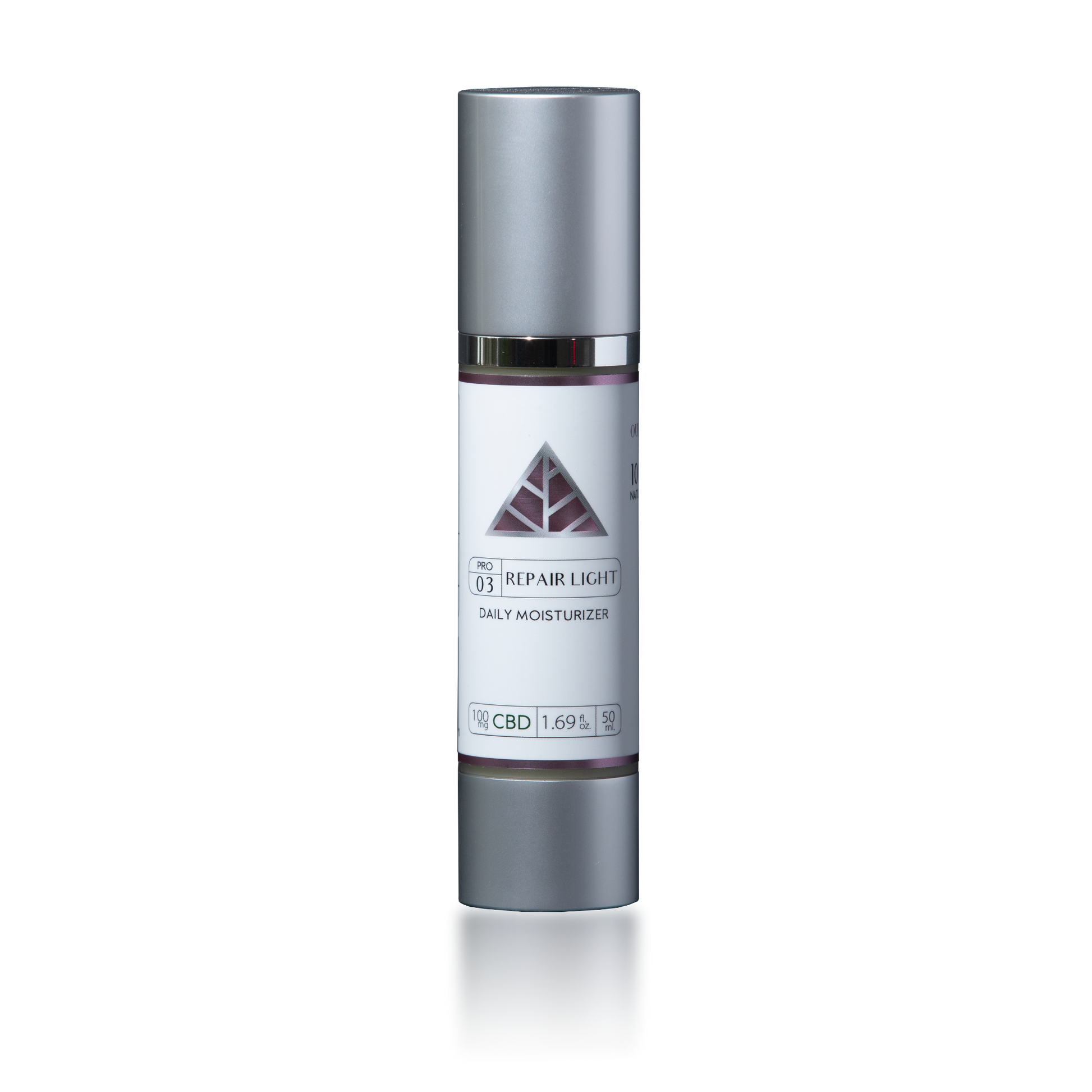 tall bottle with silver top and 'repair light 100mg color up' on a white label with chrome pink border and pink triangle