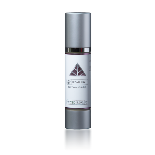 tall bottle with silver top and 'repair light 100mg color up' on a white label with chrome pink border and pink triangle