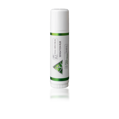 Color Up SENSATION Rub with full-spectrum CBD, menthol, and camphor in a mess-free targeted-use stick on transparent background.