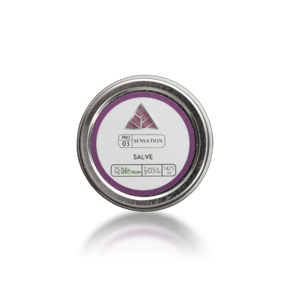 Tin of salve with a label on a white background