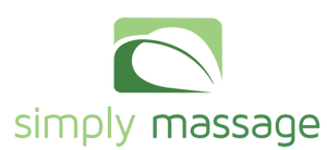 Logo for 'Simply Massage' with a green square and curved line design on a white background.