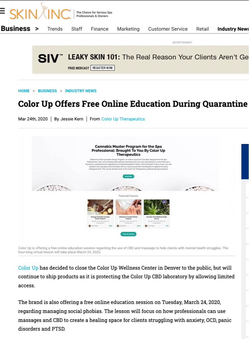 Color Up offers free online education during quarantine, featuring the Skin Inc logo.