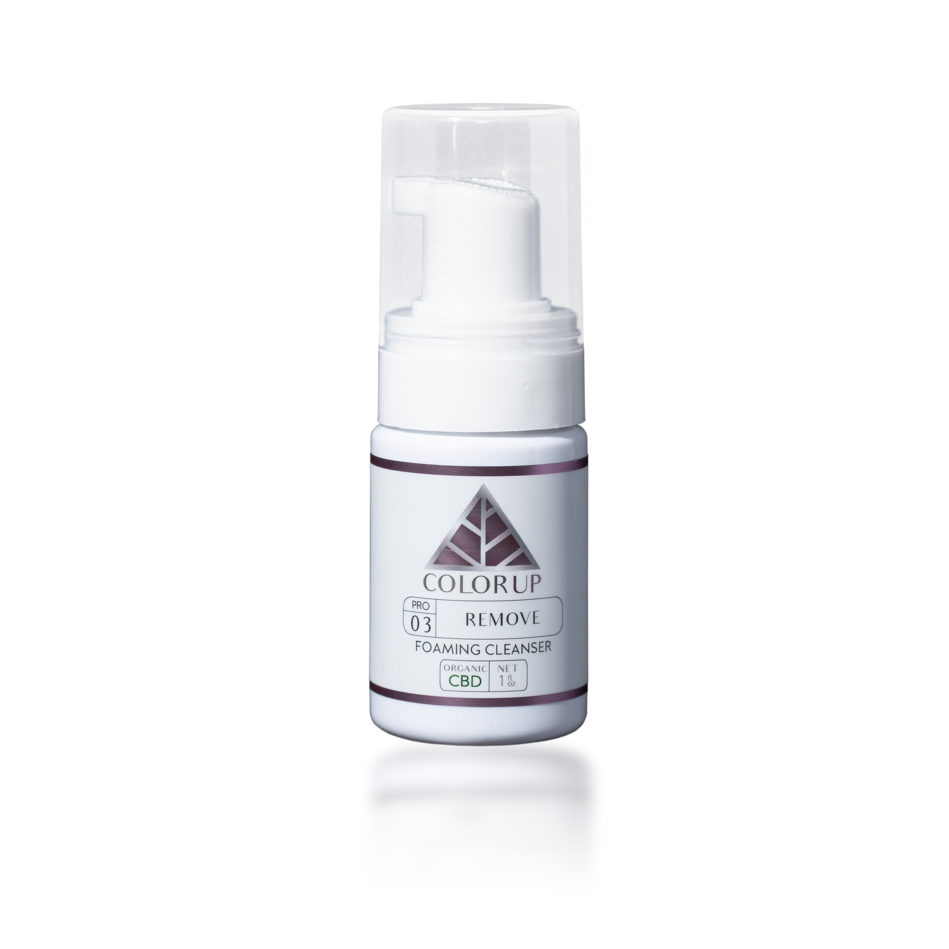 Color Up REMOVE Foaming Cleanser in 1 oz travel size for pH-balanced CBD facial cleansing on the go on transparent background.