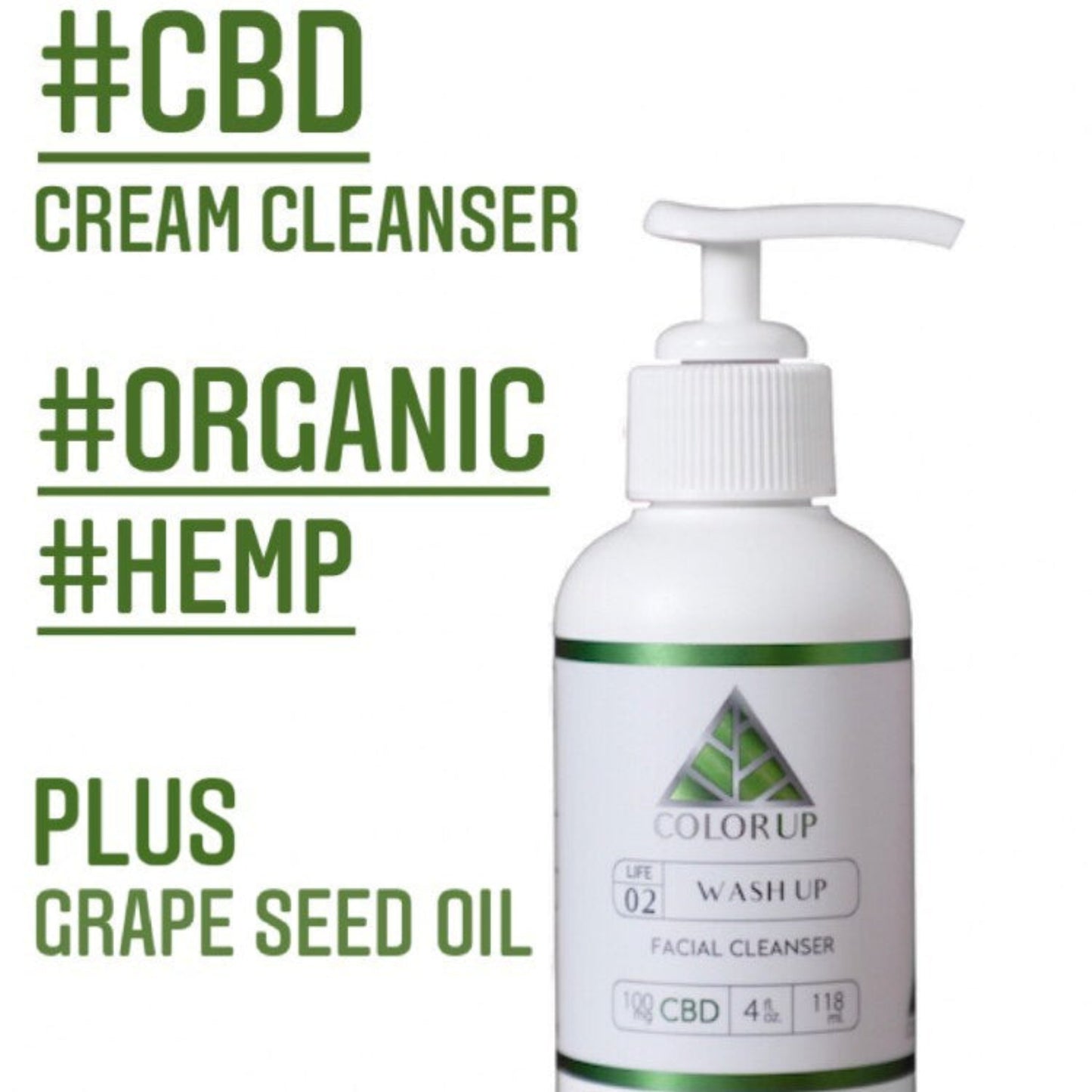 Color Up cream cleanser logo with green triangle in white bottle with green text on a white background