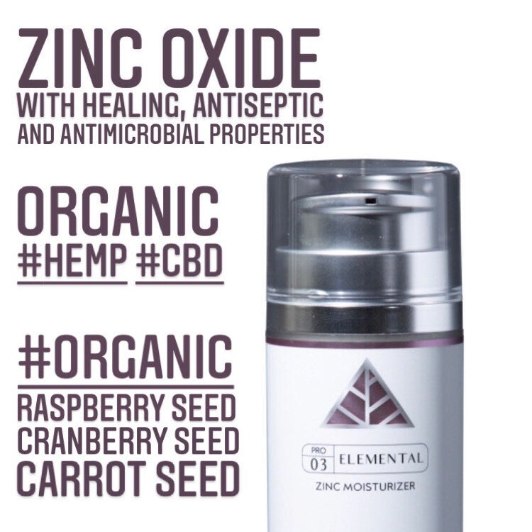 Elemental Zinc Moisturizer with text highlighting zinc oxide, organic hemp, CBD, and other ingredients on a white background.